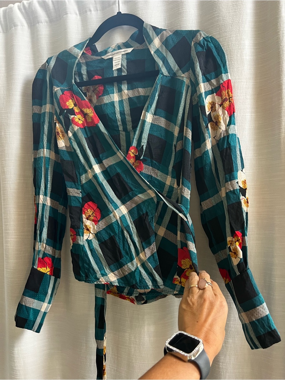 Diane Von Furstenberg Teal Plaid Floral Wrap Top